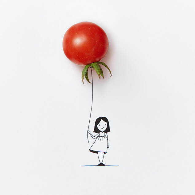 Gezeichnetes Mädchen mit Tomate als Ballon